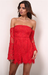 Bootylicious Red Bardot Long Flared Sleeve Playsuit - Fashion Genie Boutique