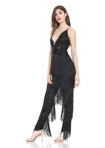 Black Beauty Sequin Tassel Jumpsuit - Fashion Genie Boutique