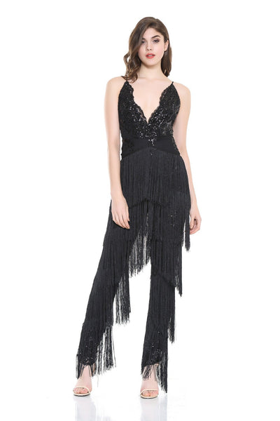 Black Beauty Sequin Tassel Jumpsuit - Fashion Genie Boutique