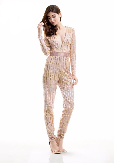 Go Gorgeous Gold Striped Sequined V-Neck Jumpsuit - Fashion Genie Boutique