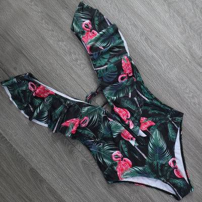 Women’s Flamingo Ruffle Plunge Swimsuit - Fashion Genie Boutique