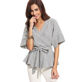 Teenage Dream Grey Striped Frill Sleeve Wrap Front Shirt - Fashion Genie Boutique