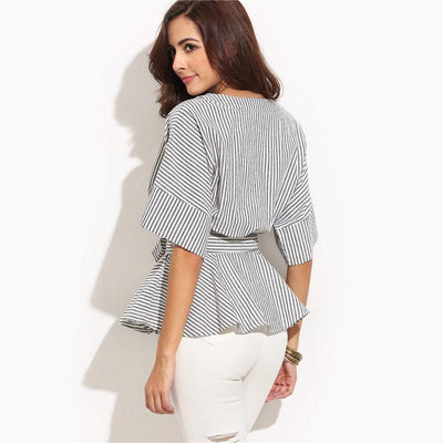 Teenage Dream Grey Striped Frill Sleeve Wrap Front Shirt - Fashion Genie Boutique