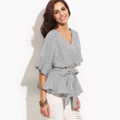 Teenage Dream Grey Striped Frill Sleeve Wrap Front Shirt - Fashion Genie Boutique