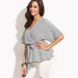 Teenage Dream Grey Striped Frill Sleeve Wrap Front Shirt - Fashion Genie Boutique