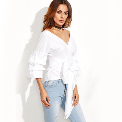 Selfish Girl White Exaggerated Sleeve Surplice Top - Fashion Genie Boutique