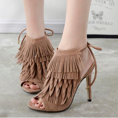 Exposed Fringed Lace Up High Heels - Fashion Genie Boutique