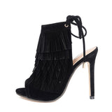 Exposed Fringed Lace Up High Heels - Fashion Genie Boutique