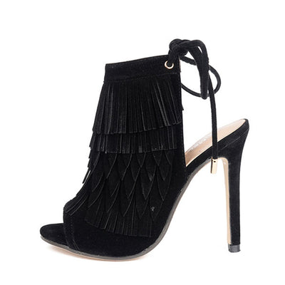 Exposed Fringed Lace Up High Heels - Fashion Genie Boutique