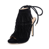 Exposed Fringed Lace Up High Heels - Fashion Genie Boutique