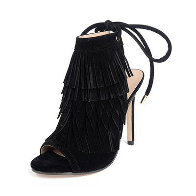 Exposed Fringed Lace Up High Heels - Fashion Genie Boutique