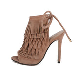 Exposed Fringed Lace Up High Heels - Fashion Genie Boutique
