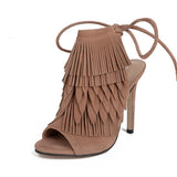 Exposed Fringed Lace Up High Heels - Fashion Genie Boutique