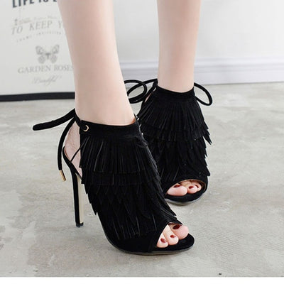 Exposed Fringed Lace Up High Heels - Fashion Genie Boutique