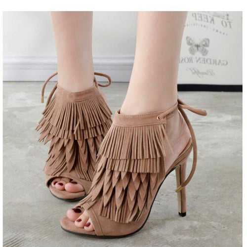 Exposed Fringed Lace Up High Heels - Fashion Genie Boutique
