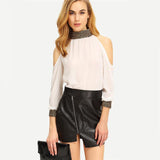 Pretty Tears White Cold Shoulder Sequin Cuff & Collar Top - Fashion Genie Boutique