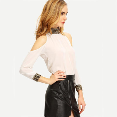 Pretty Tears White Cold Shoulder Sequin Cuff & Collar Top - Fashion Genie Boutique
