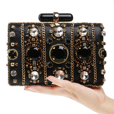 Elena Black Beaded Rhinestone Embellished Clutch Bag - Fashion Genie Boutique