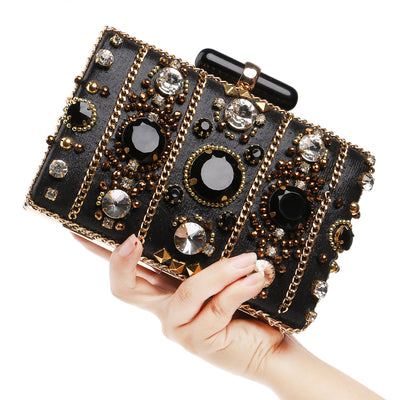 Elena Black Beaded Rhinestone Embellished Clutch Bag - Fashion Genie Boutique