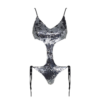 Hoola Goodness Silver Sequin Monokini Swimsuit - Fashion Genie Boutique