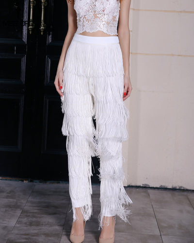 Ava White Fringe High Waisted Trousers - Fashion Genie Boutique