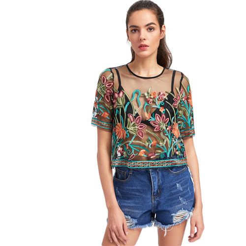 Aymeline Black Mesh Floral Embroidered T-Shirt - Fashion Genie Boutique