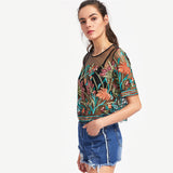 Aymeline Black Mesh Floral Embroidered T-Shirt - Fashion Genie Boutique