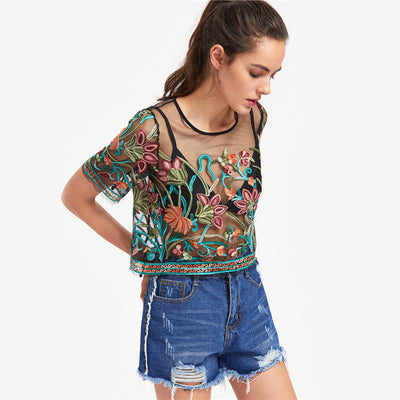 Aymeline Black Mesh Floral Embroidered T-Shirt - Fashion Genie Boutique