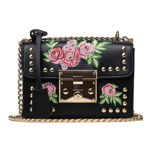 Rose Embroidered Black Chain Crossbody Handbag - Fashion Genie Boutique