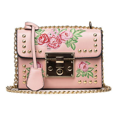 Rose Embroidered Black Chain Crossbody Handbag - Fashion Genie Boutique