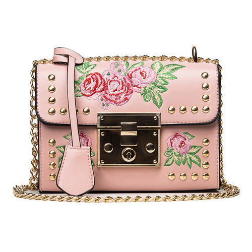 Rose Embroidered Black Chain Crossbody Handbag - Fashion Genie Boutique