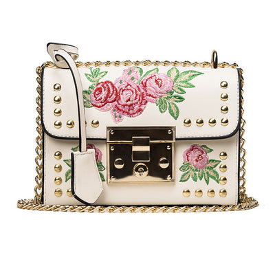 Rose Embroidered White Chain Crossbody Handbag - Fashion Genie Boutique