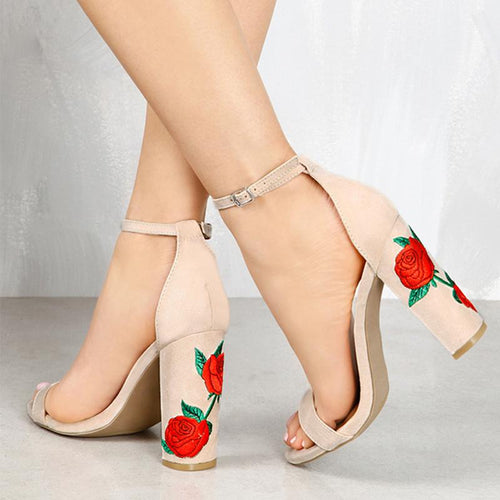 Iona Nude Embroidered Chunky Heels - Fashion Genie Boutique