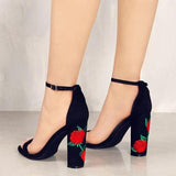 Iona Black Embroidered Chunky Heels - Fashion Genie Boutique