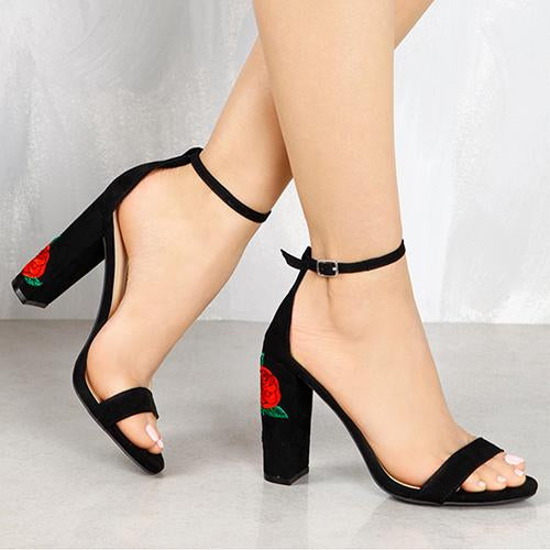 Iona Black Embroidered Chunky Heels - Fashion Genie Boutique
