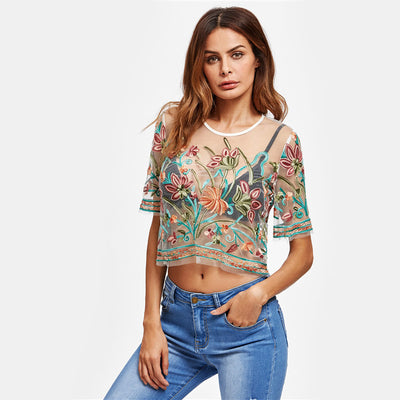 Aymeline Black Mesh Floral Embroidered T-Shirt - Fashion Genie Boutique