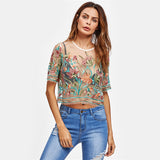 Aymeline Black Mesh Floral Embroidered T-Shirt - Fashion Genie Boutique