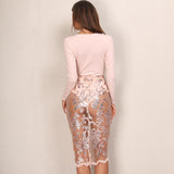 Tanya Nude & Gold Embellished Long Sleeved Lace Midi Dress - Fashion Genie Boutique
