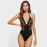 Hot-Cha-Cha Black Halter Embroidered Bodysuit - Fashion Genie Boutique