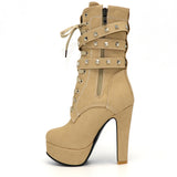 Lady Tan Studded Lace-up Round Toe Women's Ankle Boots - Fashion Genie Boutique