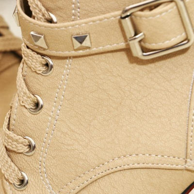Lady Tan Studded Lace-up Round Toe Women's Ankle Boots - Fashion Genie Boutique