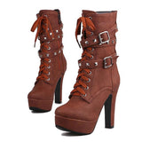 Lady Tan Brown Studded Lace-up Round Toe Women's Ankle Boots - Fashion Genie Boutique