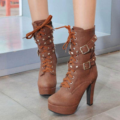 Lady Tan Brown Studded Lace-up Round Toe Women's Ankle Boots - Fashion Genie Boutique