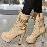 Lady Tan Studded Lace-up Round Toe Women's Ankle Boots - Fashion Genie Boutique