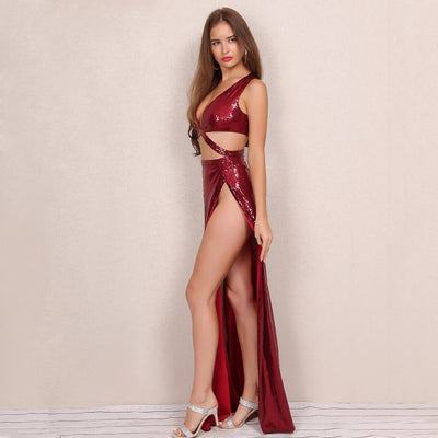 Always Right  Burgundy Sequin Cut Out Double Split Maxi Dress - Fashion Genie Boutique
