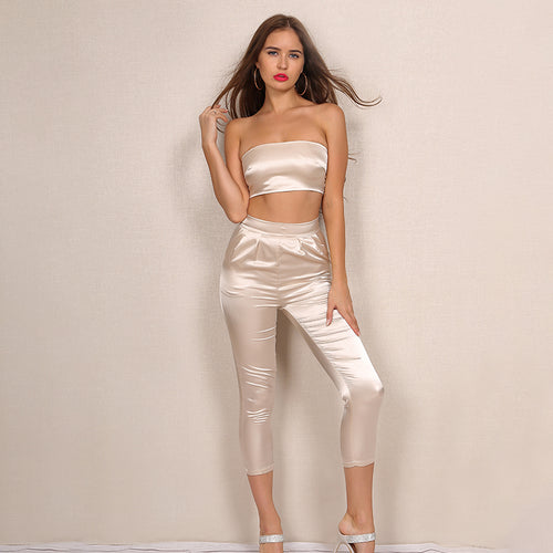 Came Here For Love Nude Satin Crop Top & Trousers Co Ord - Fashion Genie Boutique