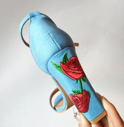 Iona Blue Embroidered Chunky Heels - Fashion Genie Boutique