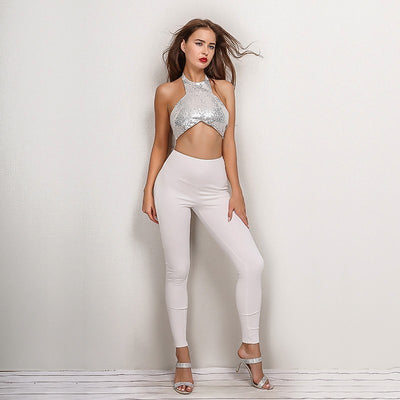 Stunning Silver Sequin Crop Top & White Trousers Co-Ord - Fashion Genie Boutique