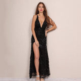 Sweetheart Black Sequin Tassel Maxi Spilt Dress - Fashion Genie Boutique