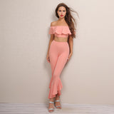 Elenor Pink Ruffle Bardot Top & Trousers Co-Ord - Fashion Genie Boutique